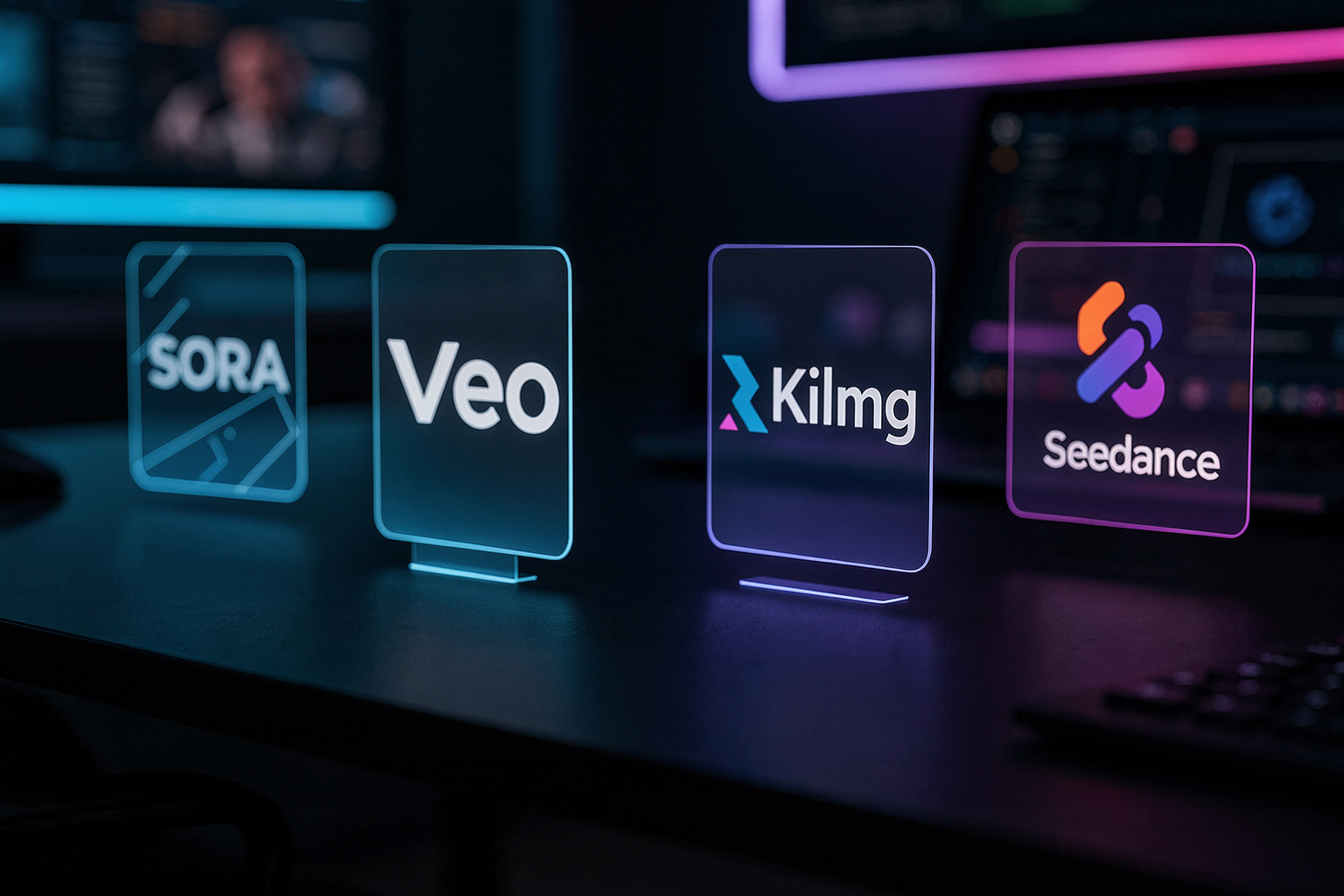 A futuristic digital dashboard showing five AI video model l