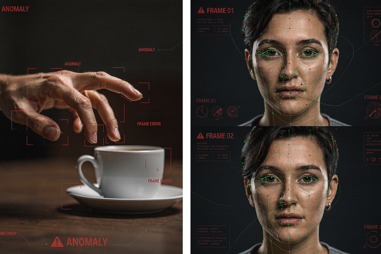 A split-screen comparison showing AI-generated video artifac