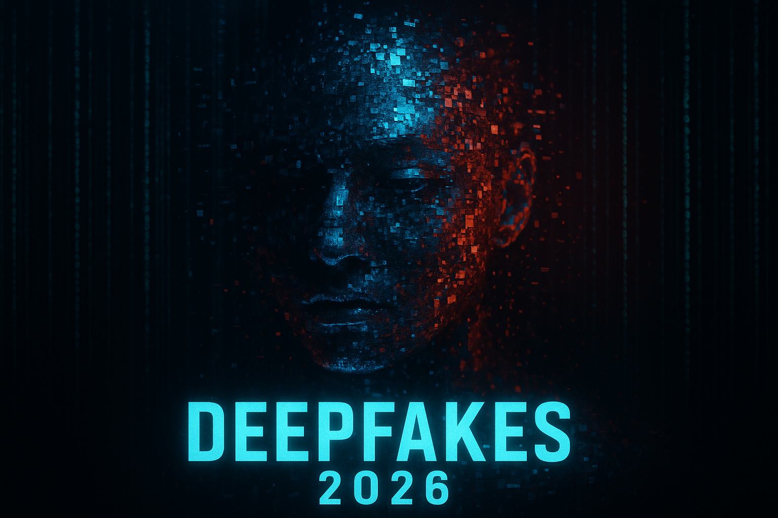 Photorealistic dark cyberpunk scene showing a digital face b